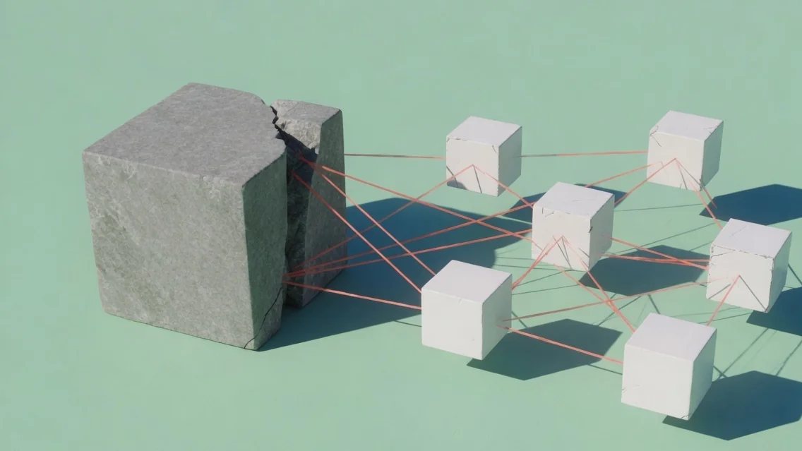 A stone monolith separating into modular service blocks