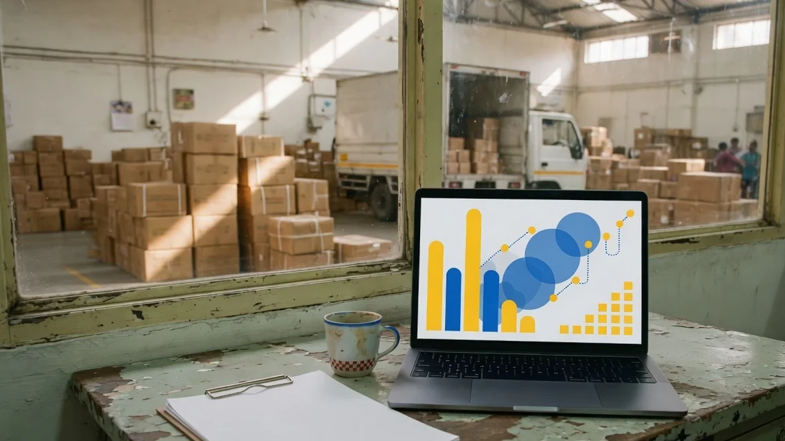 Sales pipeline dashboard on a laptop in a logistics warehouse office