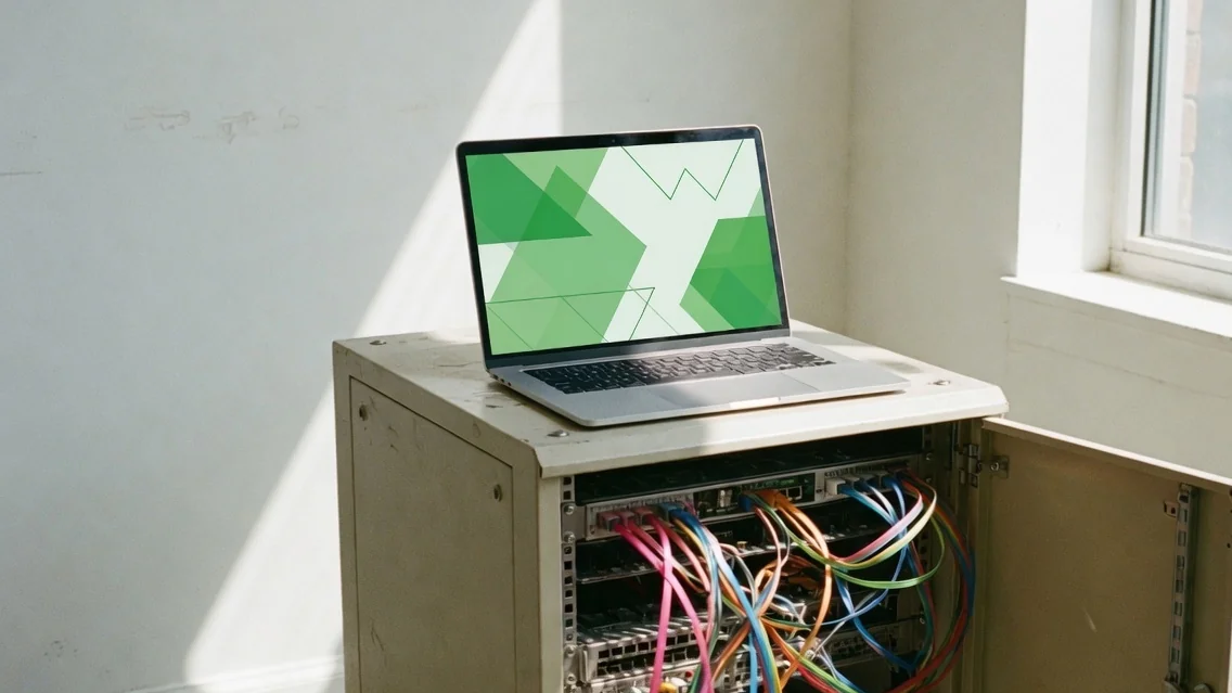 An open legacy server rack with a modern laptop running on top of it