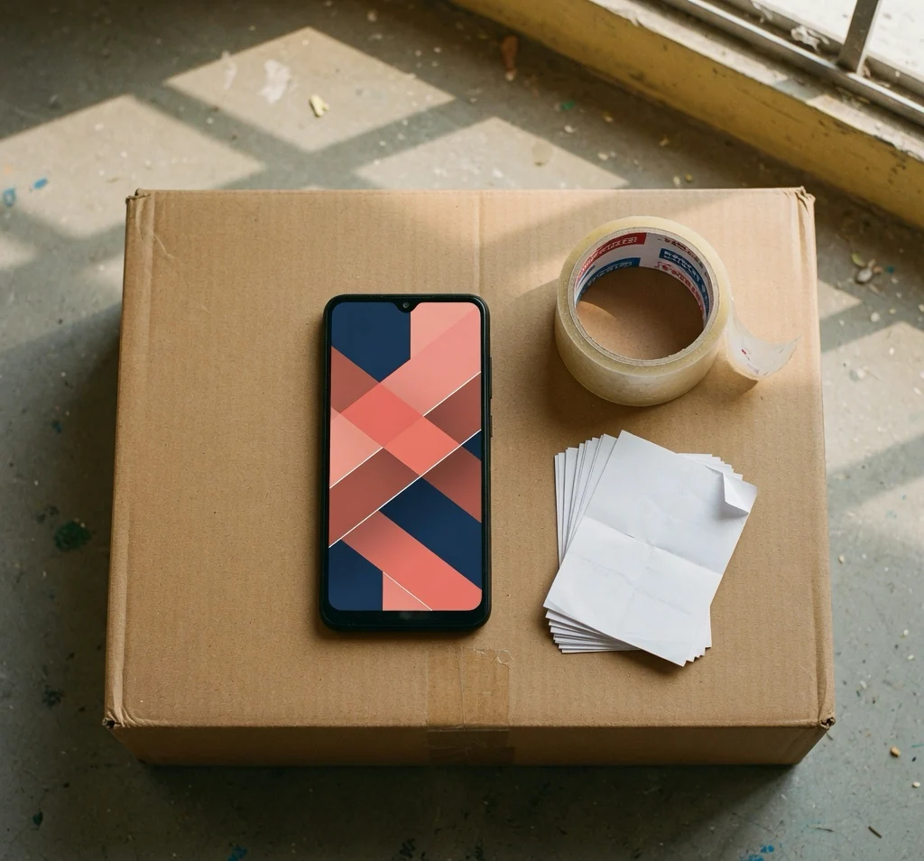 The distribution app on a phone resting on a carton beside packing tape and slips